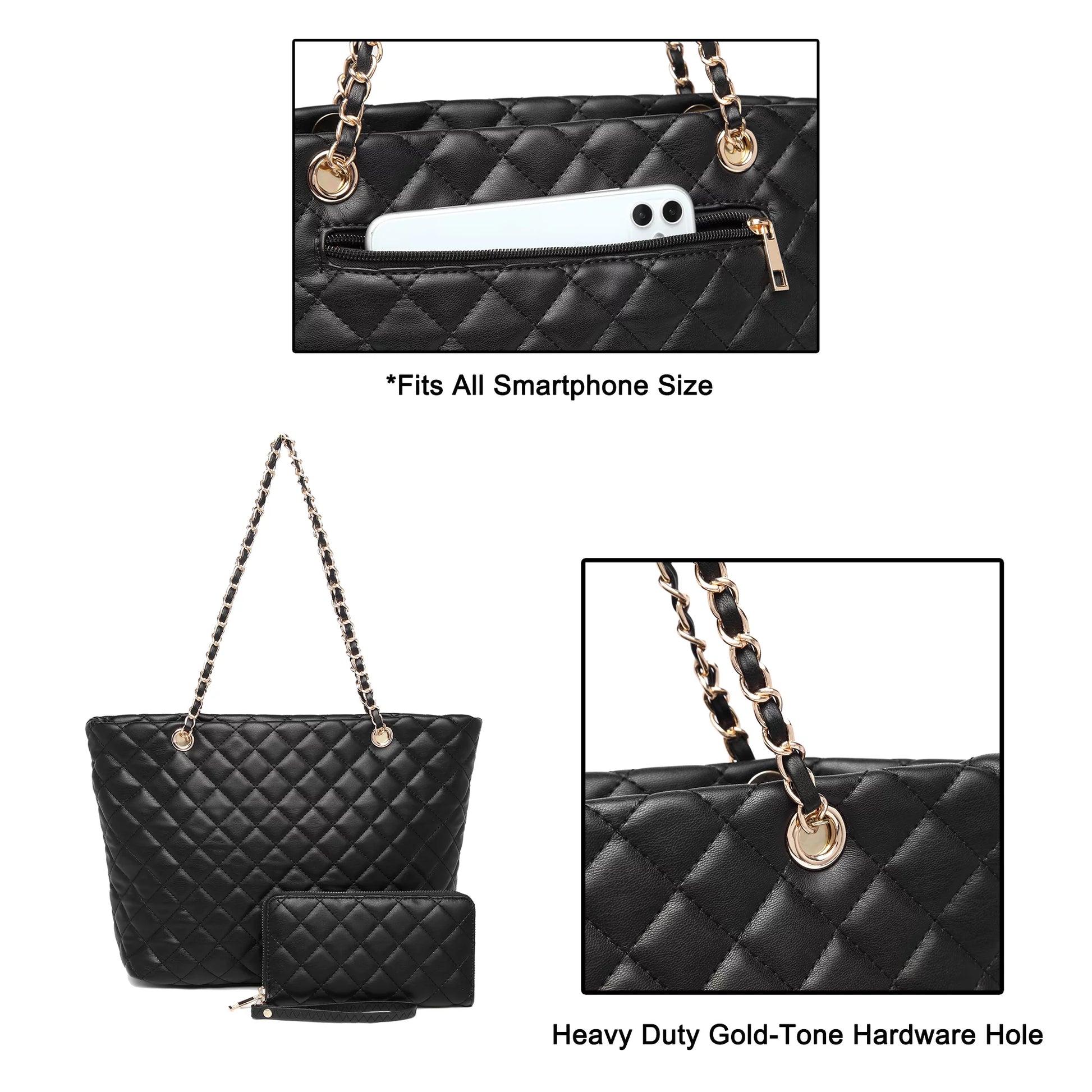 Poppy Quilted Women Handbags Purses Leather Tote Bag Satchel Wallet Set 2Pcs Chain Strap Shoulder Bag Classic